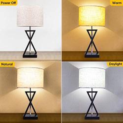 Geometrical Bedside Table Lamps Set of 2, 3-Color Bulbs Included Table Lamps Pack with Creamy Linen Lamp Shade Steady Metal Base, Nightlight Desk Lights Set for Living Room Bedroom Hotel - Shine Decor