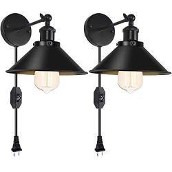 Plug in Wall Sconce Set of 2 Swing Arm Black Wall Lamp with UL Dimmable Switch Industrial Wall Lamp with Plug in Cord Wall Light Fixture for Restaurant Bedroom Corridor Farmhouse