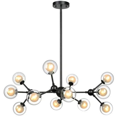 Lampundit 12 Light DNA Chandelier LED Lighting with 12 G9 Bulb, Modern Chandelier with Globe Glass Shade, Mid-Century Modern Ceiling Light Fixture for Dining Room Living Room Bedroom Kitchen - Black