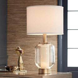 Sophia Modern Table Lamp with Nightlight LED Warm Brass Champagne Glass Off White Drum Shade for Living Room Bedroom Bedside Nightstand Office Family - Possini Euro Design