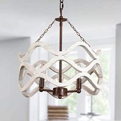 Farmhouse Wood Drum Chandelier with 3-Light, Geometric Hollow Design, Cottage Wooden Pendant Ceiling Lighting for Dining Room, Living Room, Foyer