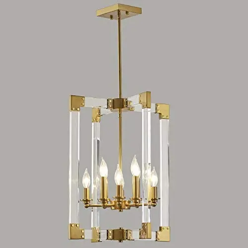 Hanging Pendant Light Fixture-8 Light Rectangle Clear Brass Modern Chandelier for Dining Room, Bedroom, Foyer and Entryway