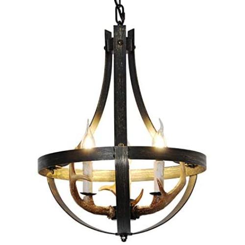 Unitop 3-Light Antler Light Fixtures, 15.4''Dia Rustic Industrial Farmhouse Iron Chandeliers Lighting Black for Foyer Living Room Kitchen Island Cafe Bar