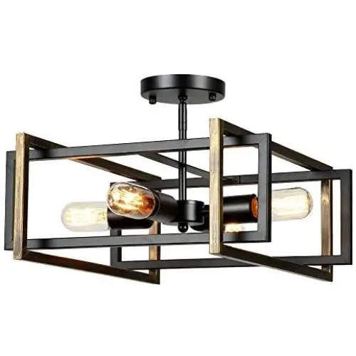 Lampundit Rustic Industrial Flush Mount Light Fixture 4-Light Metal Square Flush Mount Ceiling Light for Hallway Living Room Bedroom Kitchen Entryway Farmhouse, Black