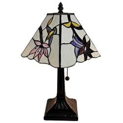 Amora Lighting Tiffany Style Mini Accent Lamp Mission 15'' Tall Stained Glass Pink Red Floral Hummingbird Vintage Antique Light Décor Nightstand Living Room Bedroom Office Gift AM211TL08B, Multicolor