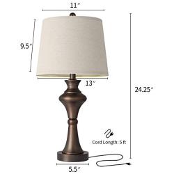 Oneach Modern Table Lamps Set of 2 USB for Living Room Bedroom 24.5“ Bedside Nightstand Lamps with Fabric Lampshade Oil Rubbed Bronze