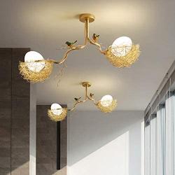 LITFAD 2 Lights Woven Nest Chandelier Light Contemporary Metal and White Glass Pendant Lamp with Bird Accents Creative LED Hanging Ceiling Light Fixtur for Dining Room Living Room Restaurant