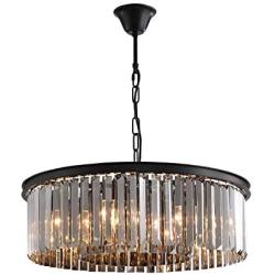 NOXARTE Luxury Round Crystal Chandelier Hanging Ceiling Light with Smoky Gray Lampshade for Dining Room