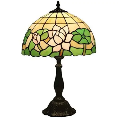 GDLight Tiffany Style Table Lamps Pink Lotus Green Leaves Stained Glass Bedside Lamp for Living Room Bedroom Coffee Reading, 19.3 Inch Tall,Resinbase