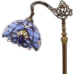 Tiffany Style Reading Floor Lamp Lighting W12H64 Inch Blue Purple Stained Glass Lavender Baroque Lampshade Antique Adjustable Arched Base S003C WERFACTORY Lamps Living Room Bedroom Beside Table Gifts