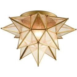 Dazhuan Modern Moroccan Seeded Glass Brass Moravian Star Flush Mount Ceiling Lights for Kitchen, 18 Inches