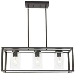 VINLUZ 3-Light Industrial Metal Large Pendant Lighting Oil Rubbed Bronze Modern Linear Chandelier with Clear Glass Shades Farmhouse Rustic Ceiling Light Fixtures Hanging for Dining Room Kitchen Island