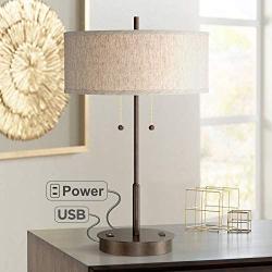 Nikola Modern Table Lamp with Hotel Style USB and AC Power Outlet in Base Bronze Fabric Drum Shade for Living Room Bedroom Office - 360 Lighting