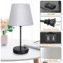 Touch Control Bedside Table Lamp, 3 Way Dimmable Modern Nightstand Lamps with Dual USB Charging Ports & AC Outlet, Grey Fabric Shade Desk Reading Lamp for Bedroom Living Room, 6W LED Bulb Included