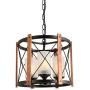Giluta Wood Chandelier Round Wood Metal Frame 3 Lights Kitchen Island Pendant Lighting Fixture Farmhouse Hanging Ceiling Lights for Dining Room Bedroom Hallway with Frosted Glass Shade