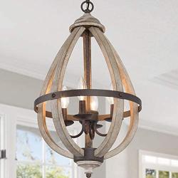 Farmhouse Orb Chandelier, Rustic Industrial Pendant Lighting, Wood Light Fixture Brown 4-Lights Chandeliers for Dining & Living Room