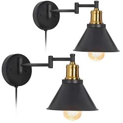 HAITRAL Swing Arm Wall Lamps Set of 2- Plug-in Wall Sconces with Adjustable Arms & Brass Finish, Plug-in & Hardwired Metal Wall Mounted Lighting Lamps for Bedroom, Farmhouse, Kitchen (Without Switch)