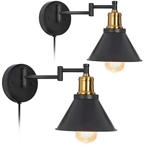 HAITRAL Swing Arm Wall Lamps Set of 2- Plug-in Wall Sconces with Adjustable Arms & Brass Finish, Plug-in & Hardwired Metal Wall Mounted Lighting Lamps for Bedroom, Farmhouse, Kitchen (Without Switch)