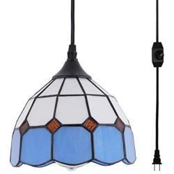 HMVPL Vintage Tiffany Glass Pendant Ceiling Light with 16.4 Ft Plug in Cord and On/Off Dimmer Switch, Round Multicolored Swag Hanging Lamp for Kitchen Island Dining Room or Living Room (8.2 W)