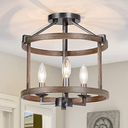 LALUZ Faux Wood Farmhouse Semi Flush Mount Ceiling Light Fixture for Bedroom, Hallway, Kitchen, Dining & Living Room and Foyer
