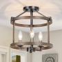 LALUZ Faux Wood Farmhouse Semi Flush Mount Ceiling Light Fixture for Bedroom, Hallway, Kitchen, Dining & Living Room and Foyer