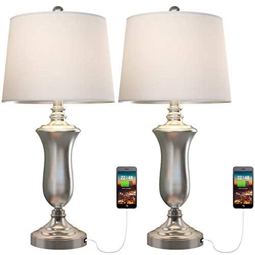 Oneach Modern USB Table Lamp Set of 2 for Living Room Bedroom Brush Steel 25'' Bedside Nightstand Lamps with White Drum Shade