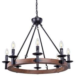 Wellmet 8 Lights Farmhouse Iron Chandeliers for Dining Rooms 28 Inch, Wagon Wheel Chandelier Candle Style, Rustic Hanging Ceiling Light Fixture Bedroom Living Room Foyer Hallway, Faux Wood Finish