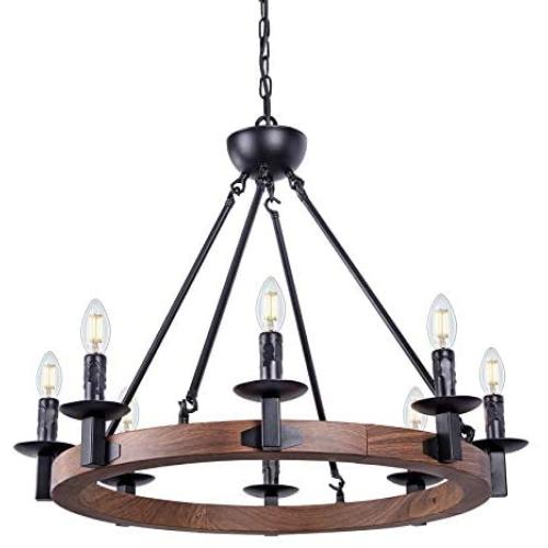 Wellmet 8 Lights Farmhouse Iron Chandeliers for Dining Rooms 28 Inch, Wagon Wheel Chandelier Candle Style, Rustic Hanging Ceiling Light Fixture Bedroom Living Room Foyer Hallway, Faux Wood Finish