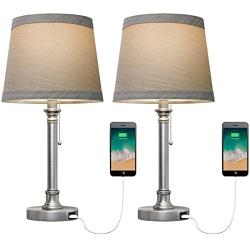 Oneach USB Table Lamp Set of 2 for Bedroom Living Room Office Modern Bedside 19.75” Desk Lamps Nightstand Lamp Metal Silver Reading Lamp Brushed Steel