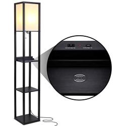 Brightech Maxwell Shelf Floor Lamp w. Wireless Charging Station, USB Port & Outlet - Column Lighting for Bedrooms, Offices & Living Rooms - Contemporary Skinny Nightstand & Tower Light - Black