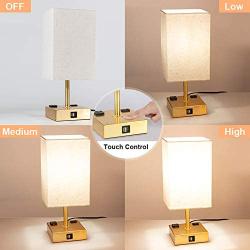 DEEPLITE Touch Control Table Lamp, 3 Way Dimmable Lamps with USB Ports and Outlets, Gold Modern Lamps for Bedrooms Living Room End/Side Table Bedside Nightstand, 6W LED Bulb Included (Set of 2)