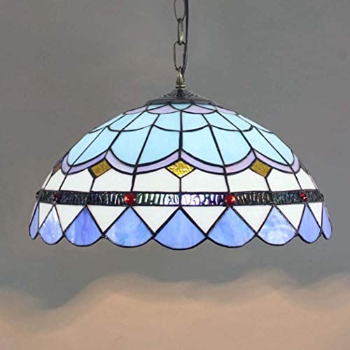 16'' Tiffany Style Blue Stained Glass Art Pendant Light Simple Dining Room Hanging Pendant Lamps for Kitchen Island Lighting,110V-240V/E27/40W