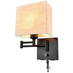 Wall Lamp 7 inch, Wall Lamp with Plug in Cord, Plug in Wall Sconce with 2 USB Port, Dimmable Wall Sconces with Fabric Linen Shade and Swing Arm, Sconces Wall Lighting Perfect for Bedroom Reading Room