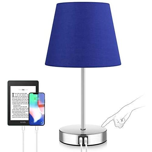 Touch Table Lamp with Dual USB Ports for Bedroom, 3 Way Dimmable Blue Touch Bedside Lamp with Charging Ports & AC Outlet, Nightstand Lamp for Living Room and Office (A19 5000K LED Bulb Included)