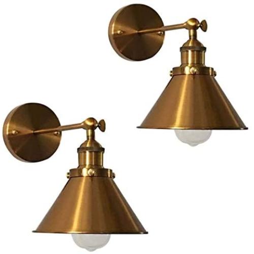 2 Pack Adjustable Brass Finish 1 Light Wall Sconce - LITFAD 7'' Retro Industrial Wall Lamp Lighting Fixture with Cone Shade