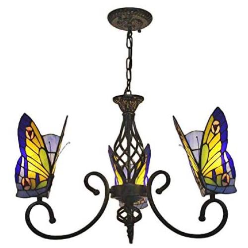 BAYCHEER Tiffany Style Stained Glass Butterfly Chandelier Decorative Hanging Lamp Pendant Lighting Adjustable Ceiling Fixture with Wrought Iron Black Arms 3 Lights for Living Room Dinning Room Kitchen