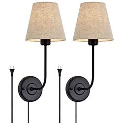 Passica Decor 2 Pack Plug in On Off Switch Vintage Industrial Wall Sconce Light with Flared Linen Fabric Shade for Dining Room Living Room Bedrooms Bedside Reading