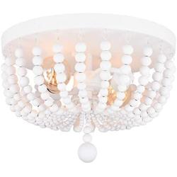 Alice House 14.1'' Flush Mount Ceiling Light, 2 Lights Wood Beaded Chandelier, White Farmhouse Ceiling Light for Entryway, Hallway, Bedroom and Stairway AL9031-S2