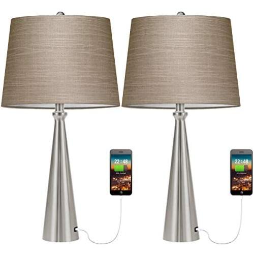 Oneach Modern USB Table Lamp Set of 2 for Living Room Bedroom Bedside Nightstand Lamps Fabric Shade 25.8'' Accent Light Silver