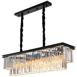 Moooni Industrial Rectangle Crystal Chandelier Rectangular Pendant Lighting Fixtrue for Kitchen Island Dining Room Farmhouse Dining Room Black Frame 5 Lights L 40''x W 10'' x H 10''