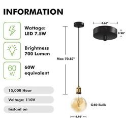 LUTEC Dimmable Edison Glass Pendant Light Industrial Pendant Lighting Black Hanging Light Fixture for Kitchen Bedroom - 700LM 7.5W 2200-5000K Amber Glass Edison Light Bulb