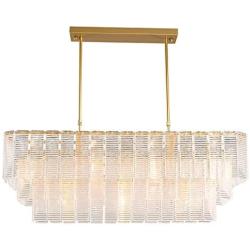 APBEAM Modern Crystal Rectangle Chandelier with 3 Layers Water Ripple Glass Pendant Light for Dining Room Living Room Bedroom