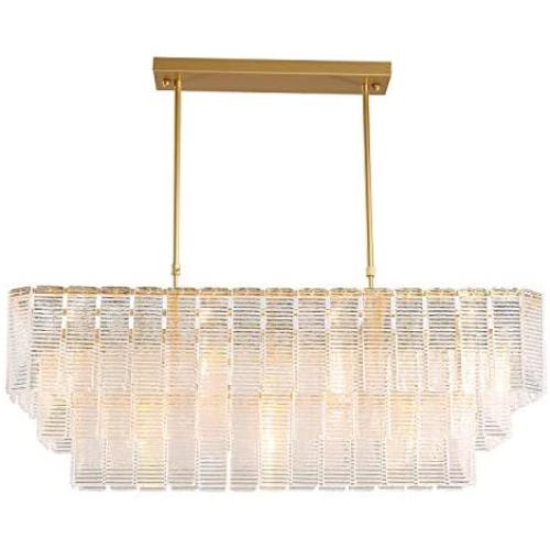 APBEAM Modern Crystal Rectangle Chandelier with 3 Layers Water Ripple Glass Pendant Light for Dining Room Living Room Bedroom