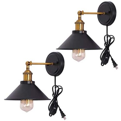 Kingmi Wall Lamp Dimmable Wall Sconce Plug in Black Industrial Antique Vintage Wall Lamp Fixture Lighting Simplicity Arm Swing Wall Lights for Doorway, Bedroom Nightstand, Set of 2