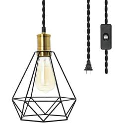 Metal Cage Pendant Light with 14.8 Ft Plug in Cord Vintage Hanging Pendant Lamps with Switch for Dining Room Bedroom Loft - Black