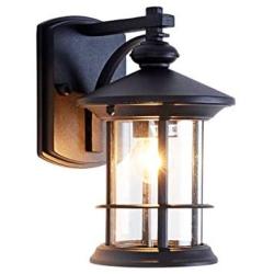 Rustic Small Outdoor Wall Light Fixture for Exterior Waterproof Rust-Proof House Deck Patio Porch Lighting Matte Black Aluminum Housing with Seed Glass Shade, Black 10.24'' Height