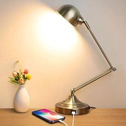 LED Desk Lamp with USB Charging Port, Swing Arm, Fully Dimmable, 3 Color Modes, Eye-Caring Task Lamp, Touch Control Brass Metal Architect Drafting Table Lamp for Bedside, Office, Work, Reading -Memory