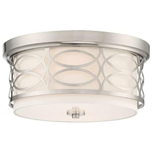 Kira Home Sienna 13'' Modern 2-Light Flush Mount Ceiling Light + Metal Drum Shade + White Fabric Shade + Round Frosted Glass Diffuser, Brushed Nickel Finish
