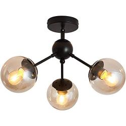 UOFUS 3-Light Chandelier Black Semi Flush Mount Ceiling Light Fixture Glass Shade Modern Lighting for Hallway Kitchen Living Room Dining Room Bedroom Farmhouse