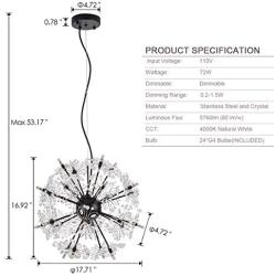 Choohue Modern LED Firework Chandelier, 72W Crystal Dandelion Globe Pendant Lighting Adjustable Crystal Pendant Light for Living Dining Room Bedroom Kitchen, Dia 18'', Matte Black, Bulbs Included